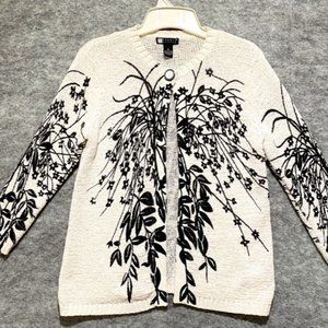 Carole Little Womens Sweater Small White Black Floral One Button Cardigan Knit